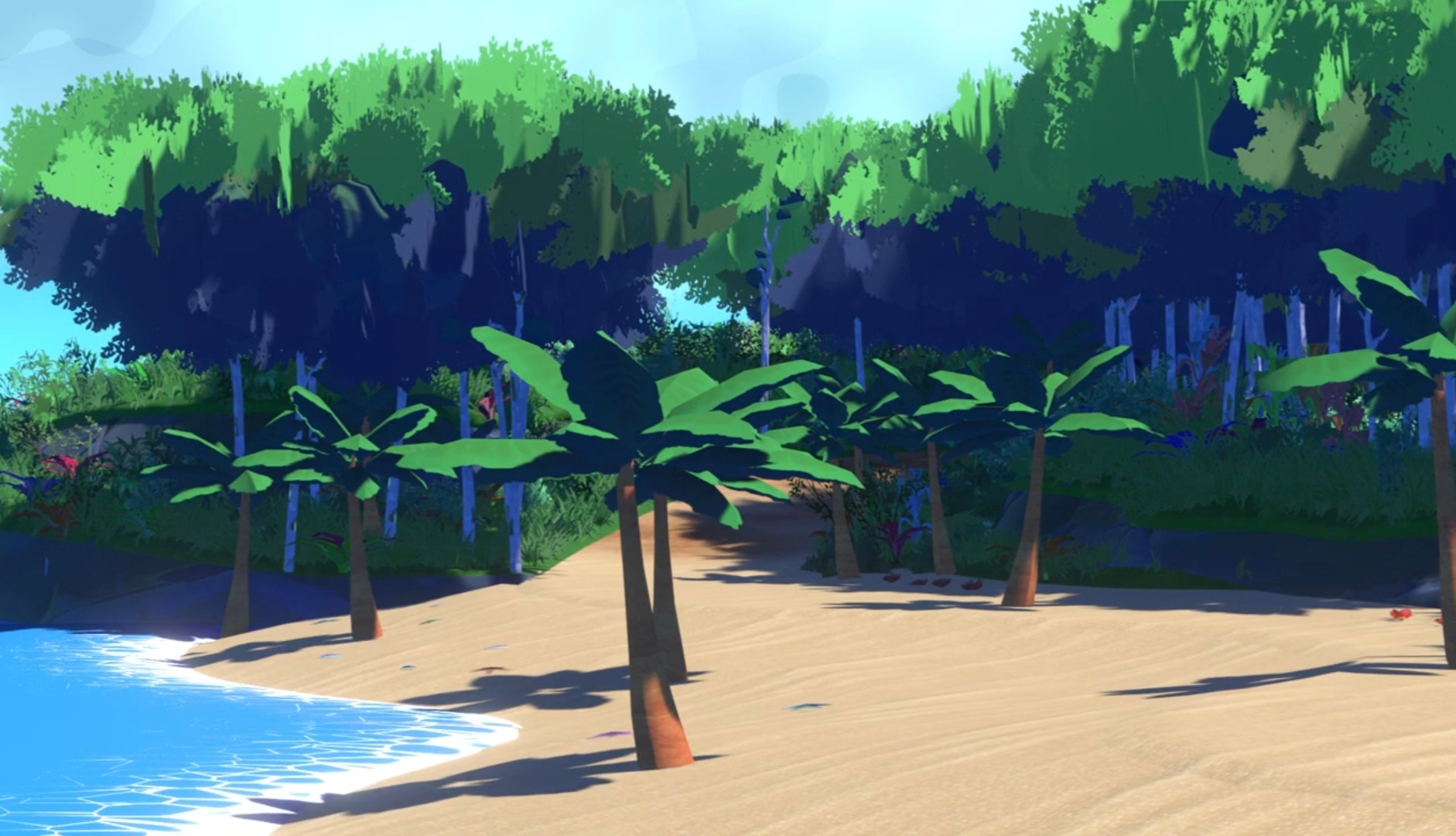 A 3d environment of a beach, with hard stylized shadows, with a fidelity reminiscent of an era of consoles that doesn't quite exist