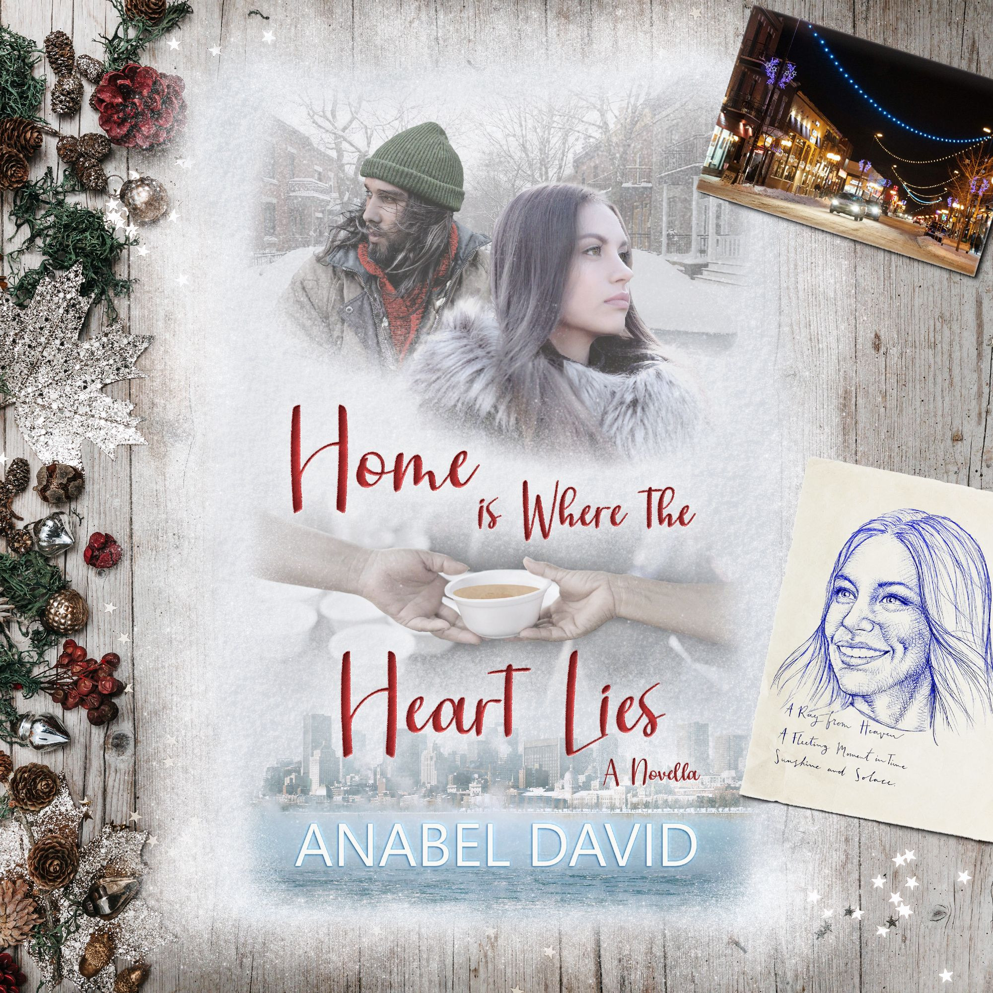 Cover for the novella.
Title 'home is where the heart lies. 
A composite image of a couple of people facing away from each other on a snowy Montreal background, with Xmas decorations and a pen portrait of Rachel.