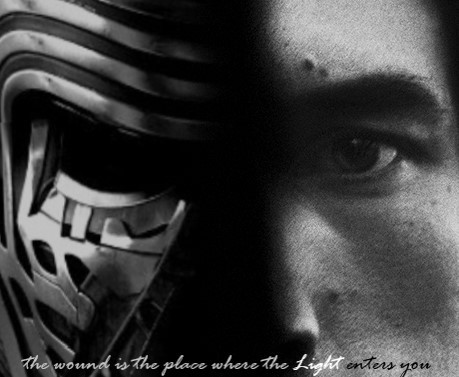 B&W photo of Kylo Ren, half face, half mask

Title: 'The wound is the place where the Light enters you'.