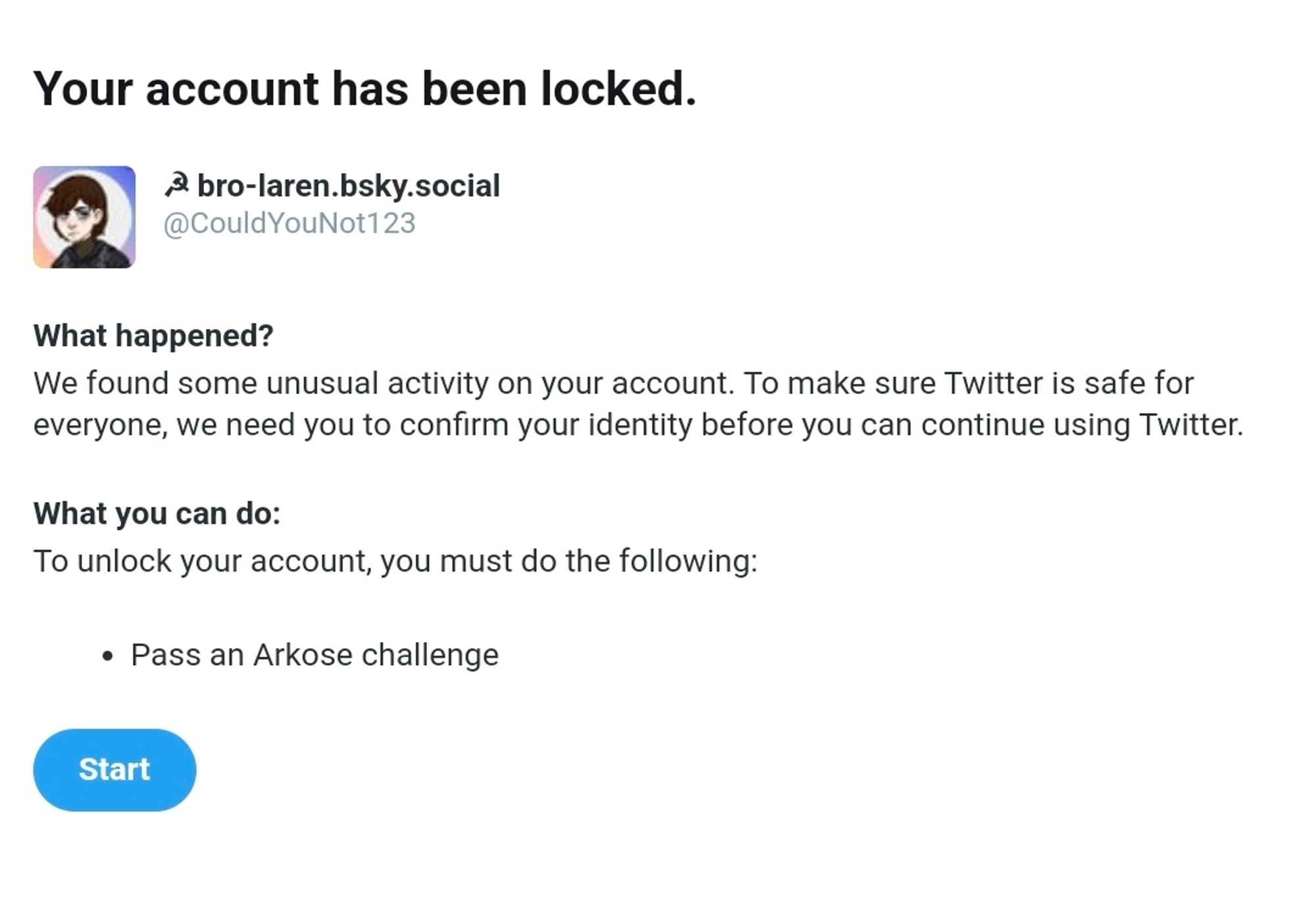 A locked account notification requiring a user to complete a captcha due to "unusual activity."