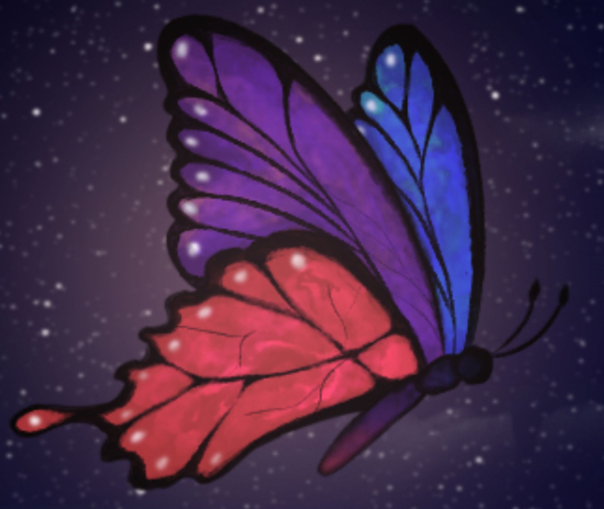 Glowing butterfly, night sky, stars, blue, purple and red wings, swallowtail