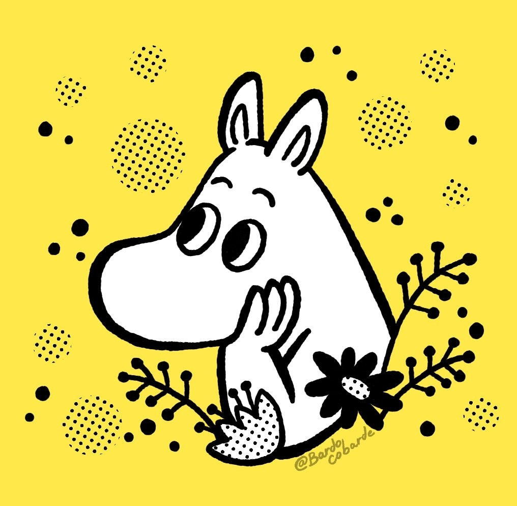 Ilustración de moomin con la cabeza apoyada en la mano y con un par de flores al lado