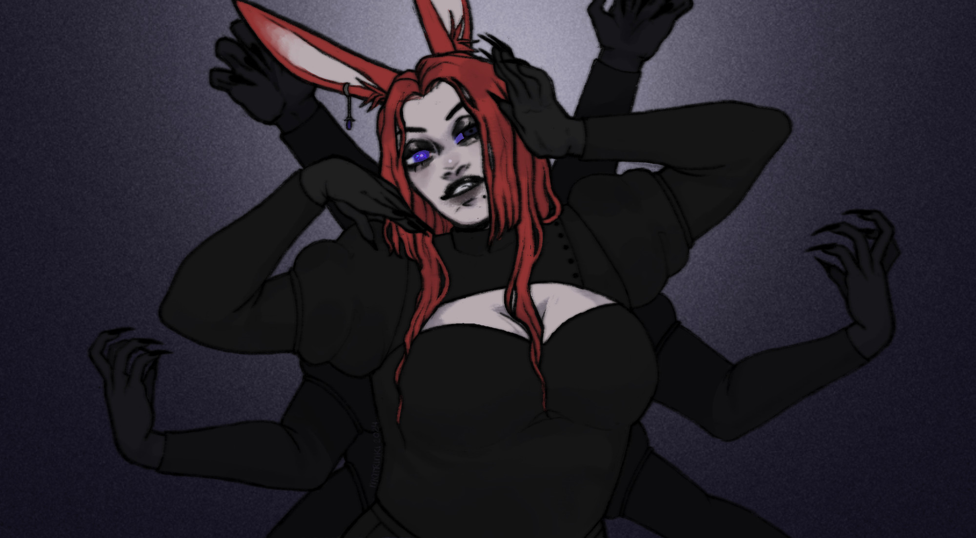 Drawing of a white woman with red hair, red bunny ears and purple eyes. She has 4 pairs of arms and is dressed in all black.