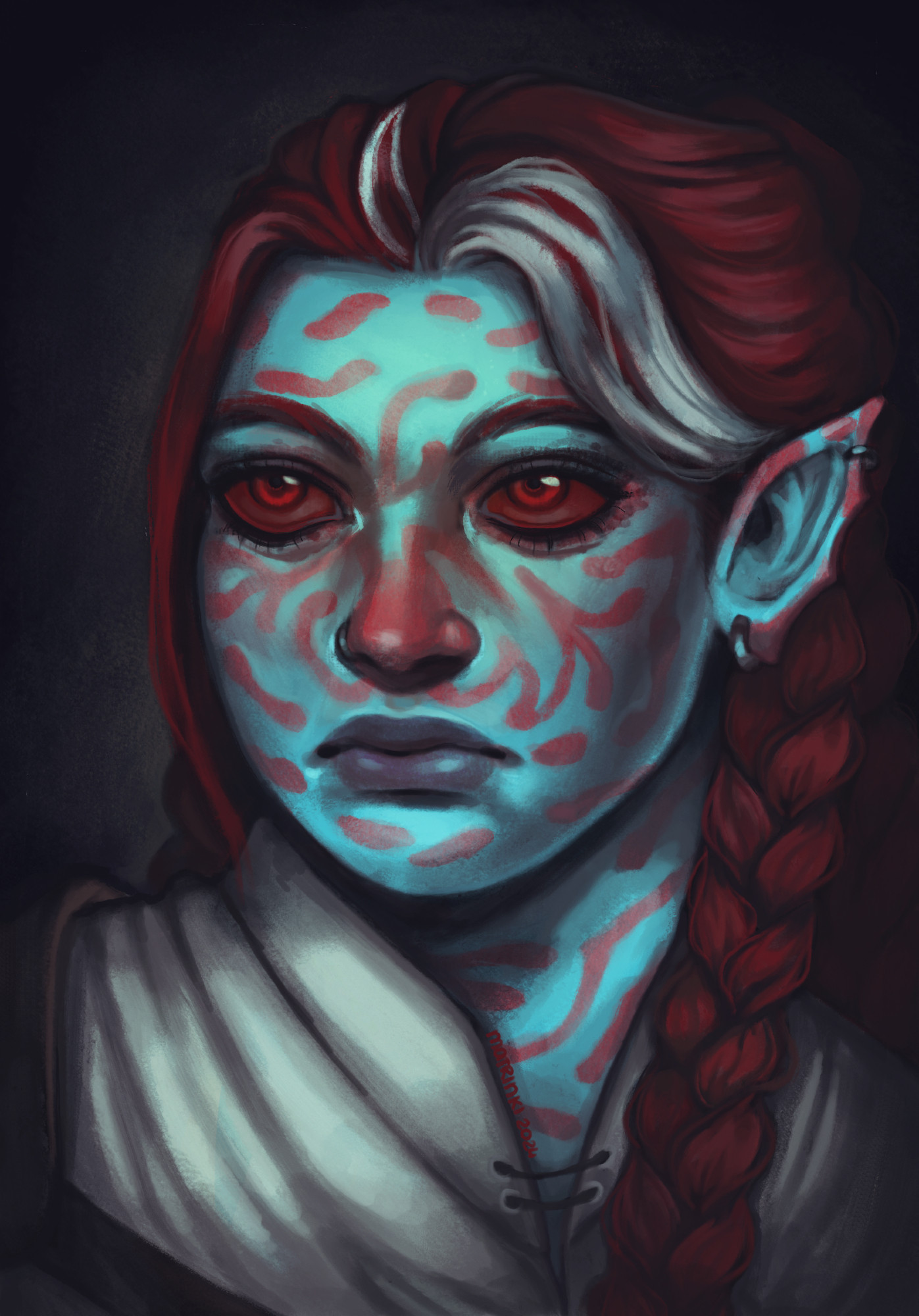 A digital portrait painting of an elven woman. Her skin is bright blue with red markings of a tropical fish all over her face. Her irises and sclera are both red. Her red hair is braided into three braids. She has a streak of white hair at the top of her head. In her right nostril she has a ring piercing, as well as pierced ears.