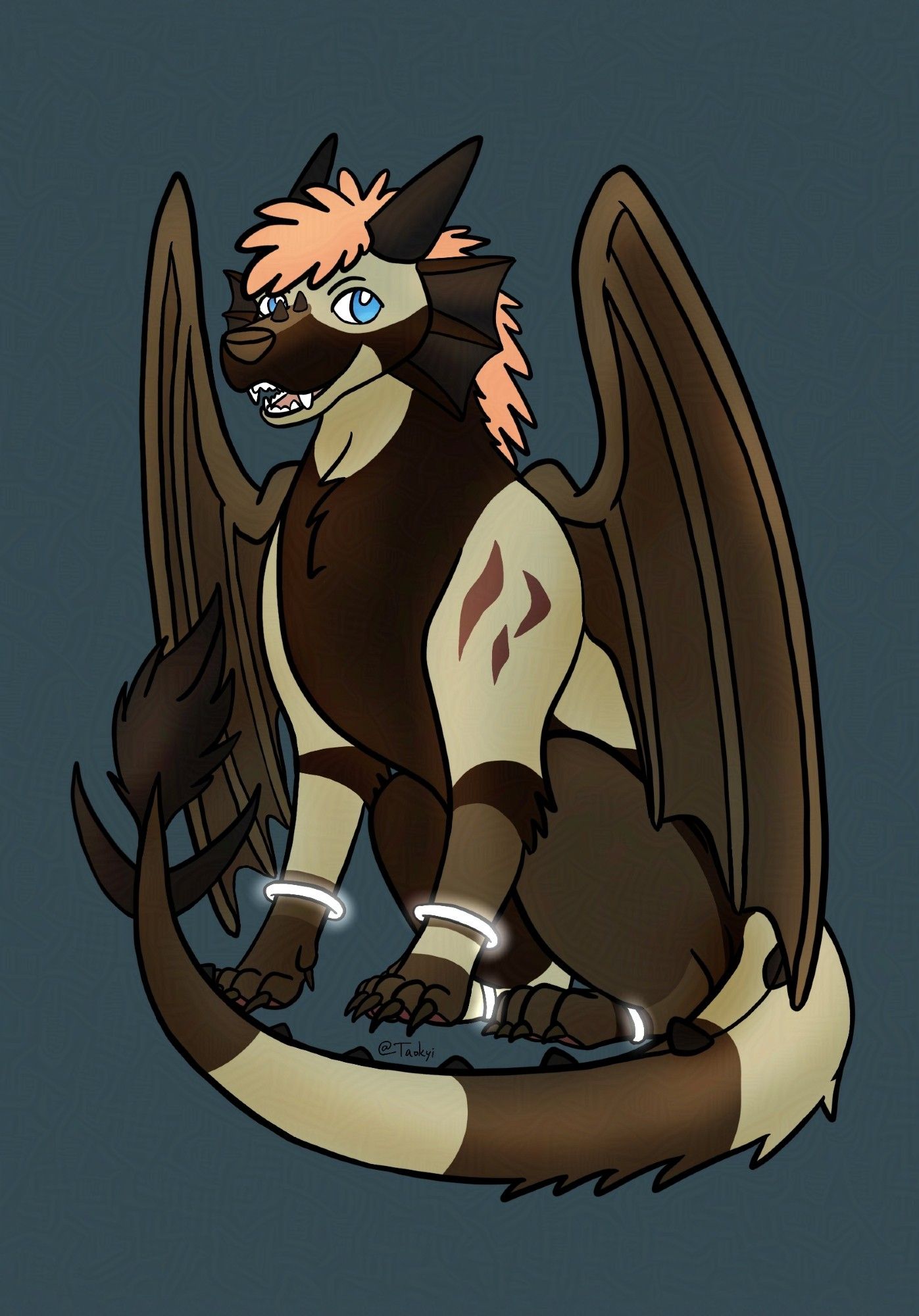 A sitting s'mores color themed wolf dragon hybrid with glowing white bracelets.