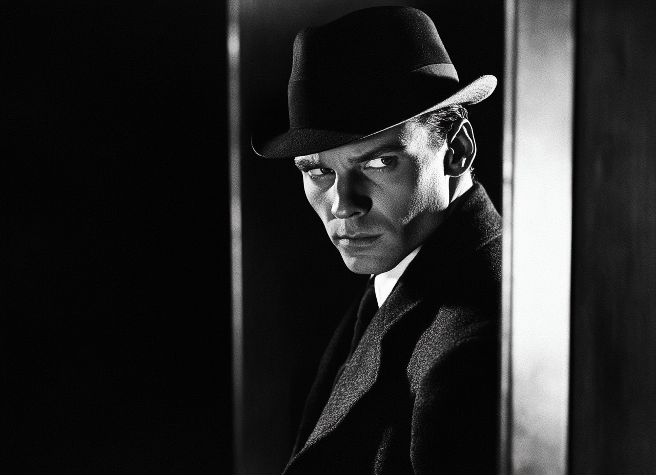 Man in a fedora hat with a stern expression, peering around a corner in dramatic lighting.