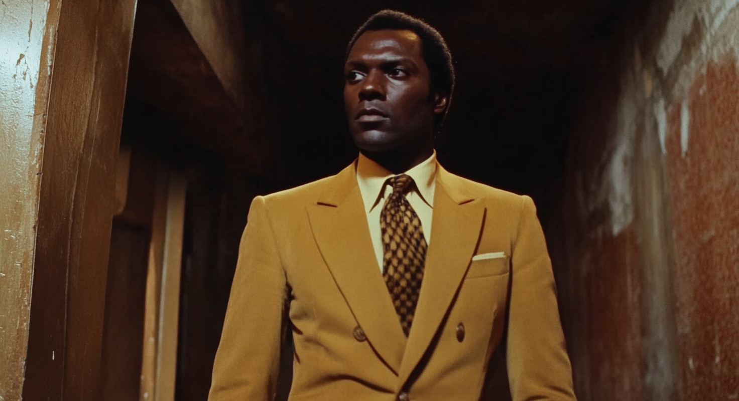 A man in a mustard-coloured suit in a dimly lit corridor.