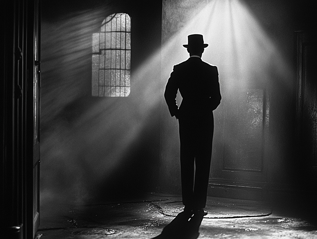 Silhouette of a person in a suit and hat standing in a dimly lit room with light streaming through a window.