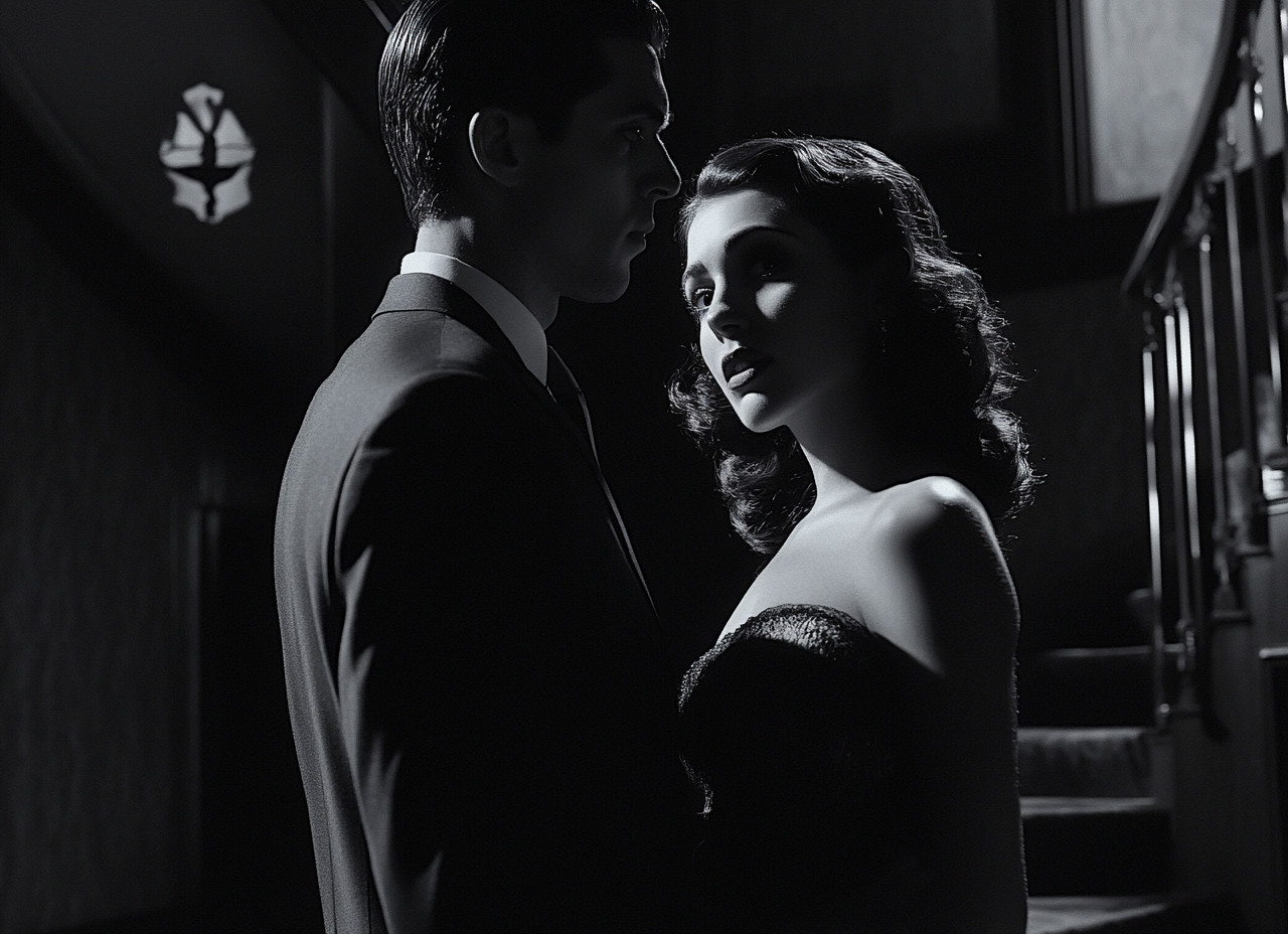 A man and woman in formal attire, in a dimly lit vintage interior with a staircase in the background.