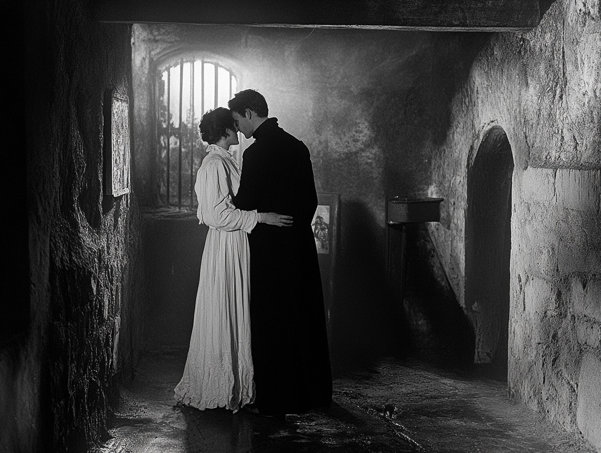 Two people embrace in a dimly lit, rustic stone room. One wears a light dress, the other a dark coat.