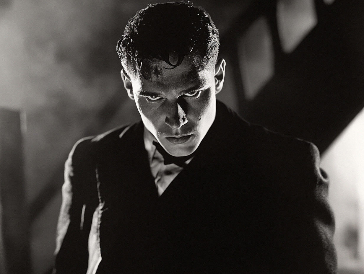 Black-and-white portrait of a man with a stern expression, slicked-back hair, and intense lighting.