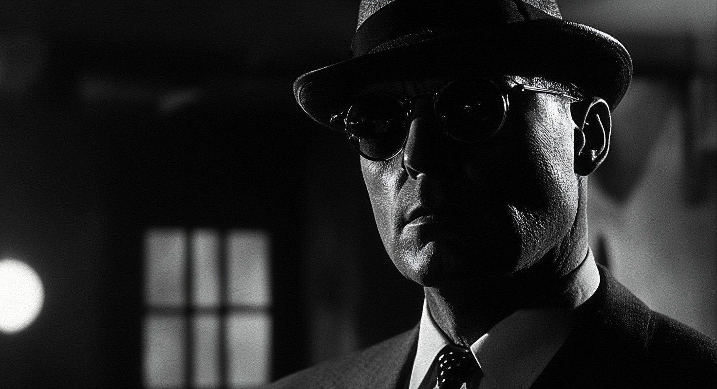 Man in a fedora and sunglasses in a dimly lit room, with a window and light in the background.