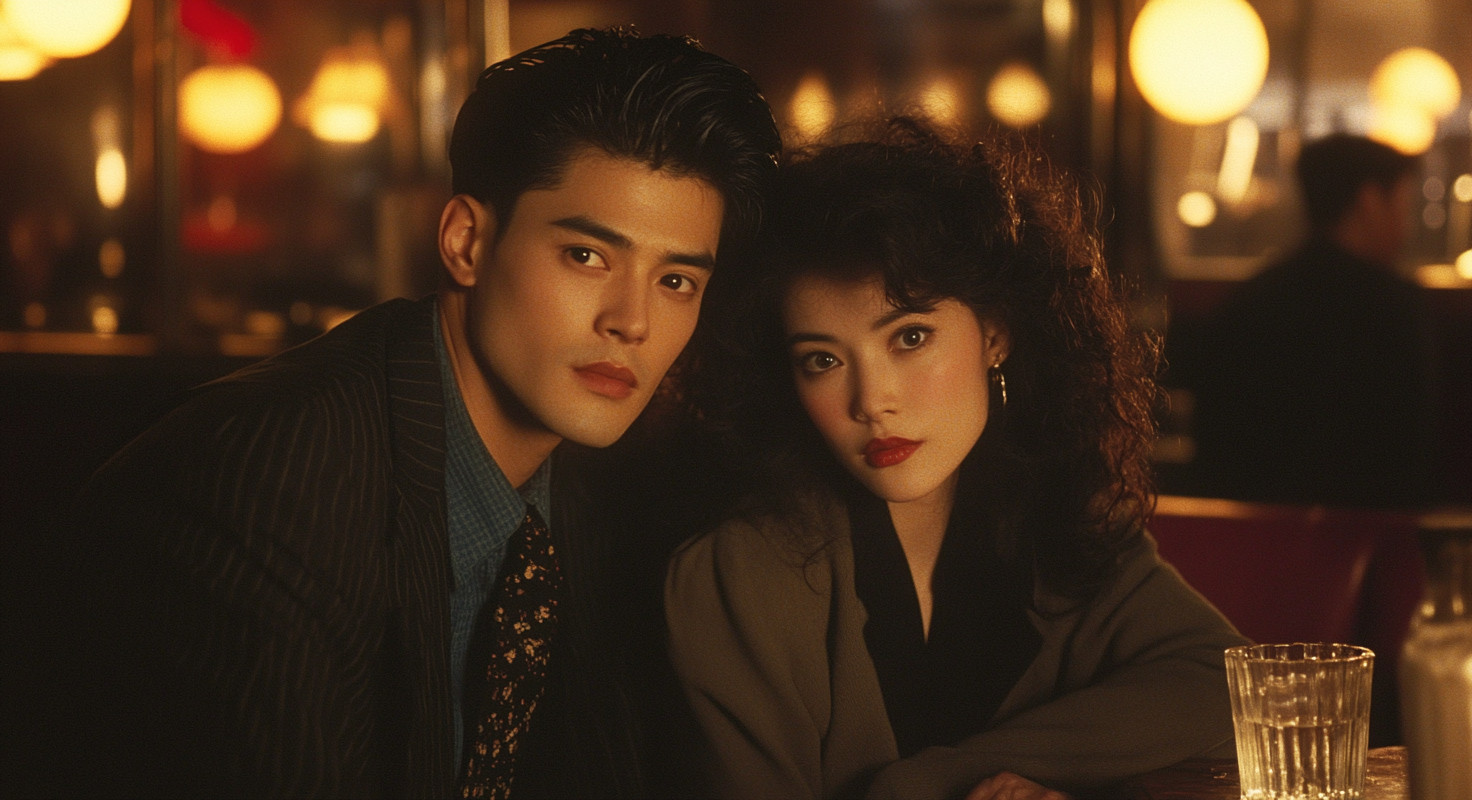 A man and woman seated closely together in a dimly lit lounge with warm, golden lights in the background.