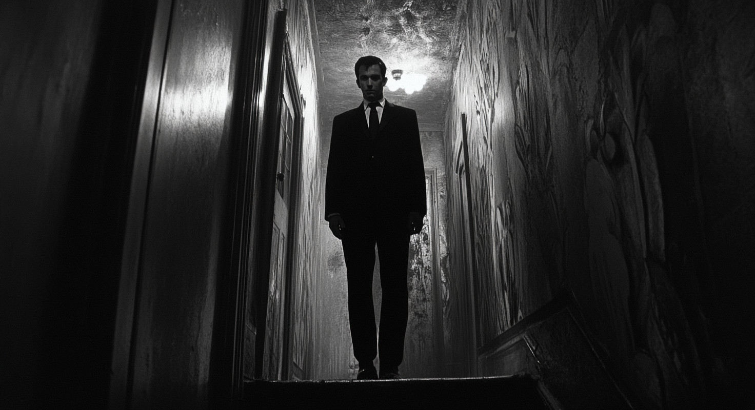 Black and white image of a man in a suit standing in a narrow, dimly lit hallway.