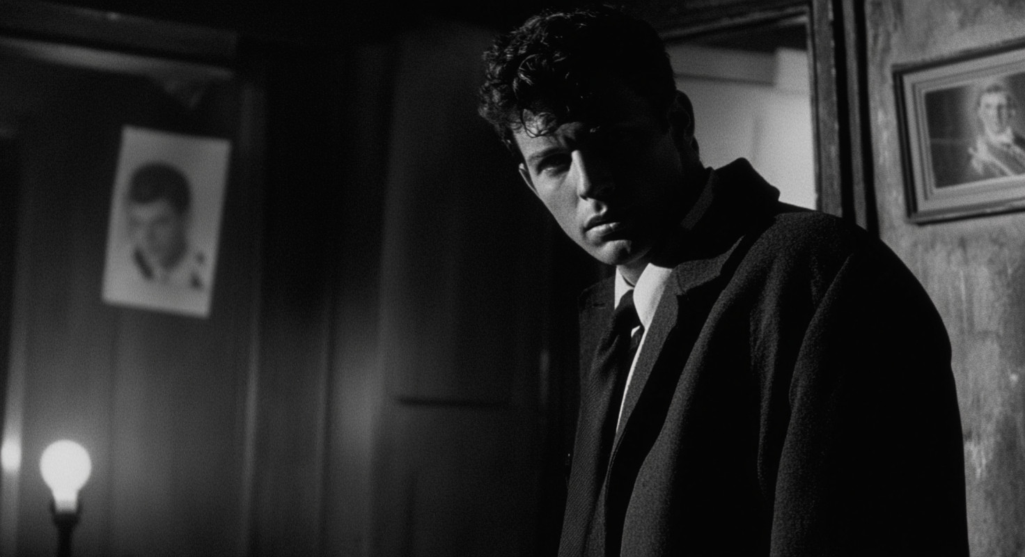 Man in a suit and overcoat in a dimly lit room with framed portraits and a light bulb.