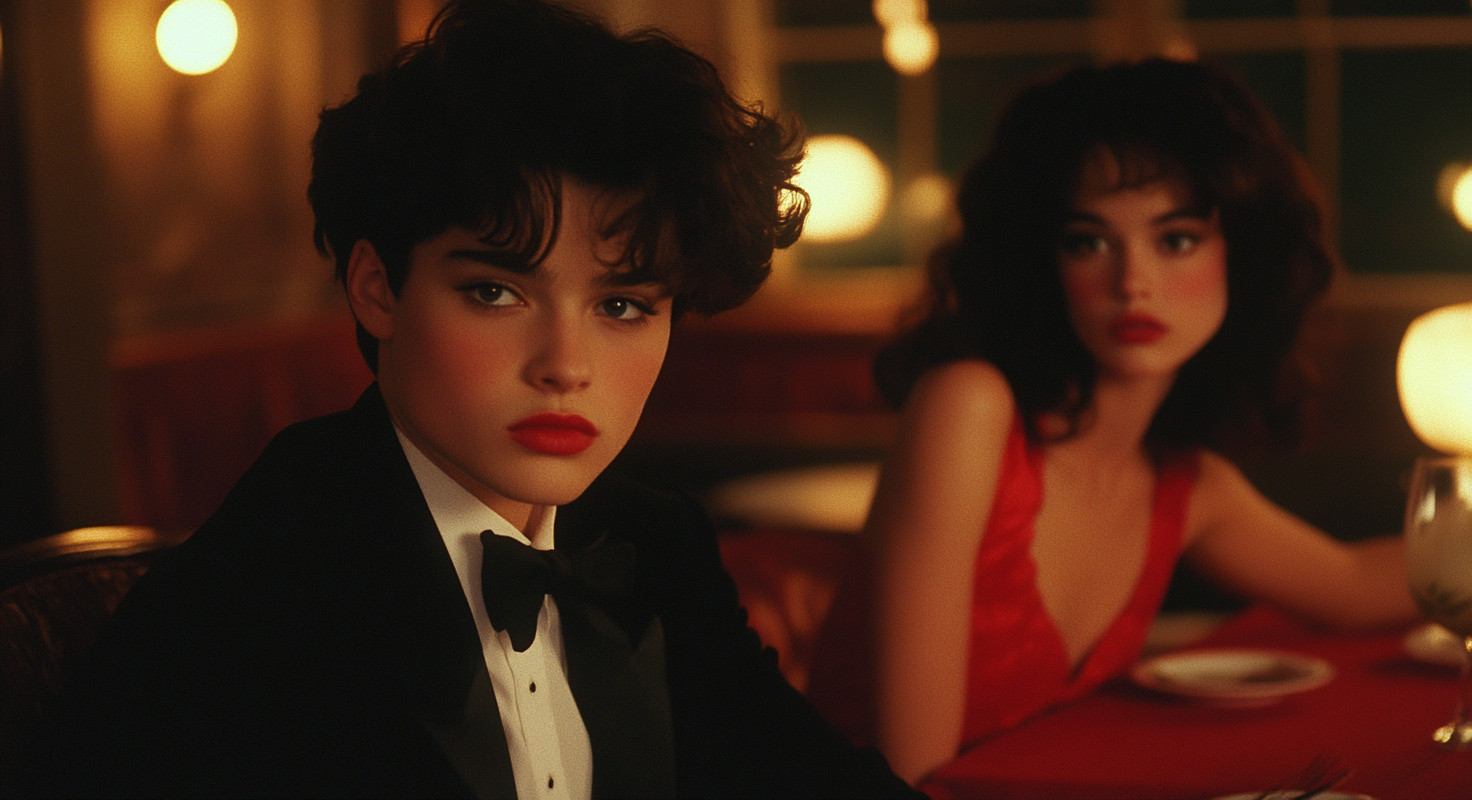 Two women in formal attire at a table; one in focus wearing a tuxedo, the other in a red dress blurred in the background.