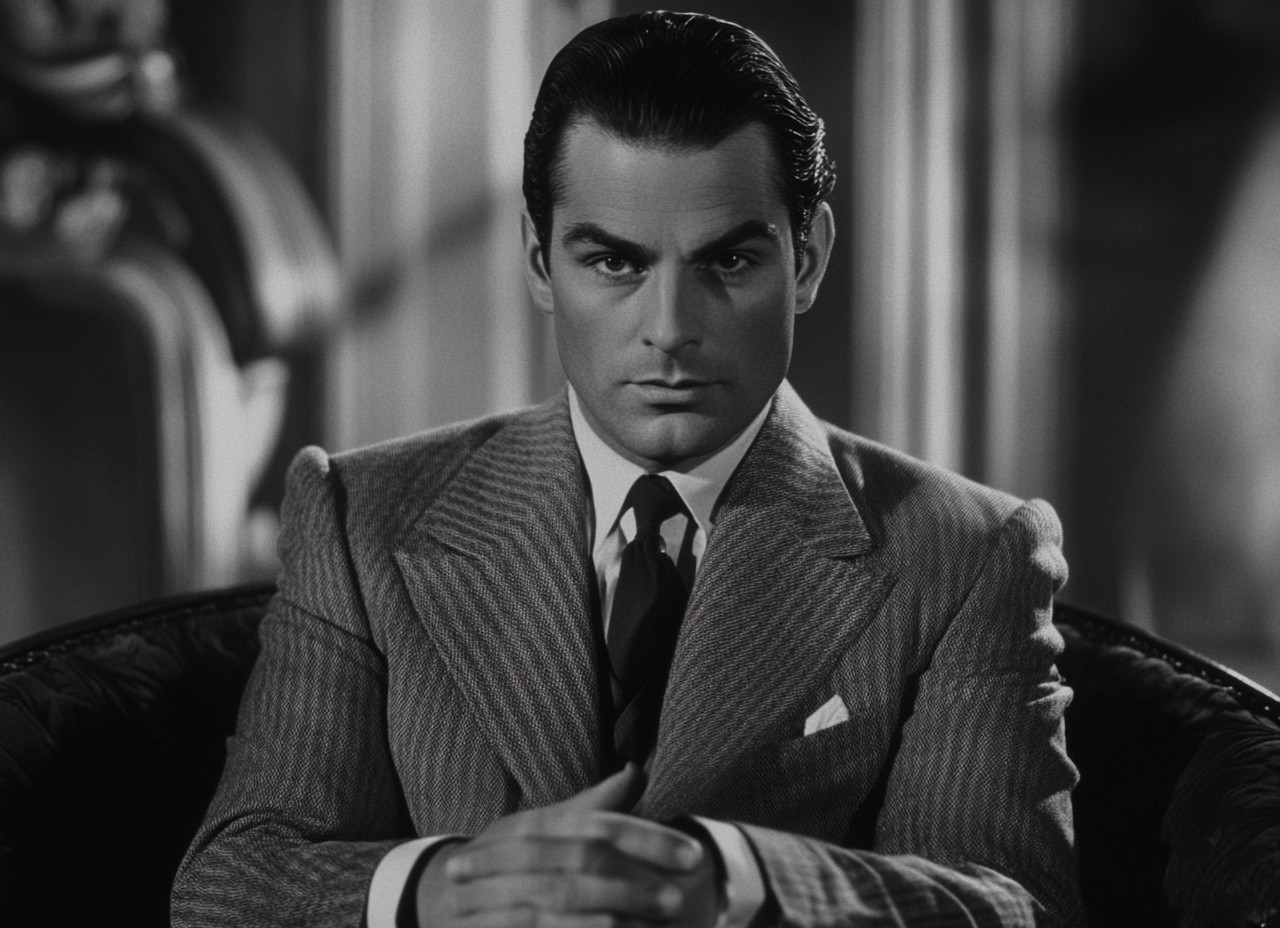 A man in a pinstriped suit with slicked-back hair and a serious expression clasping his hands.