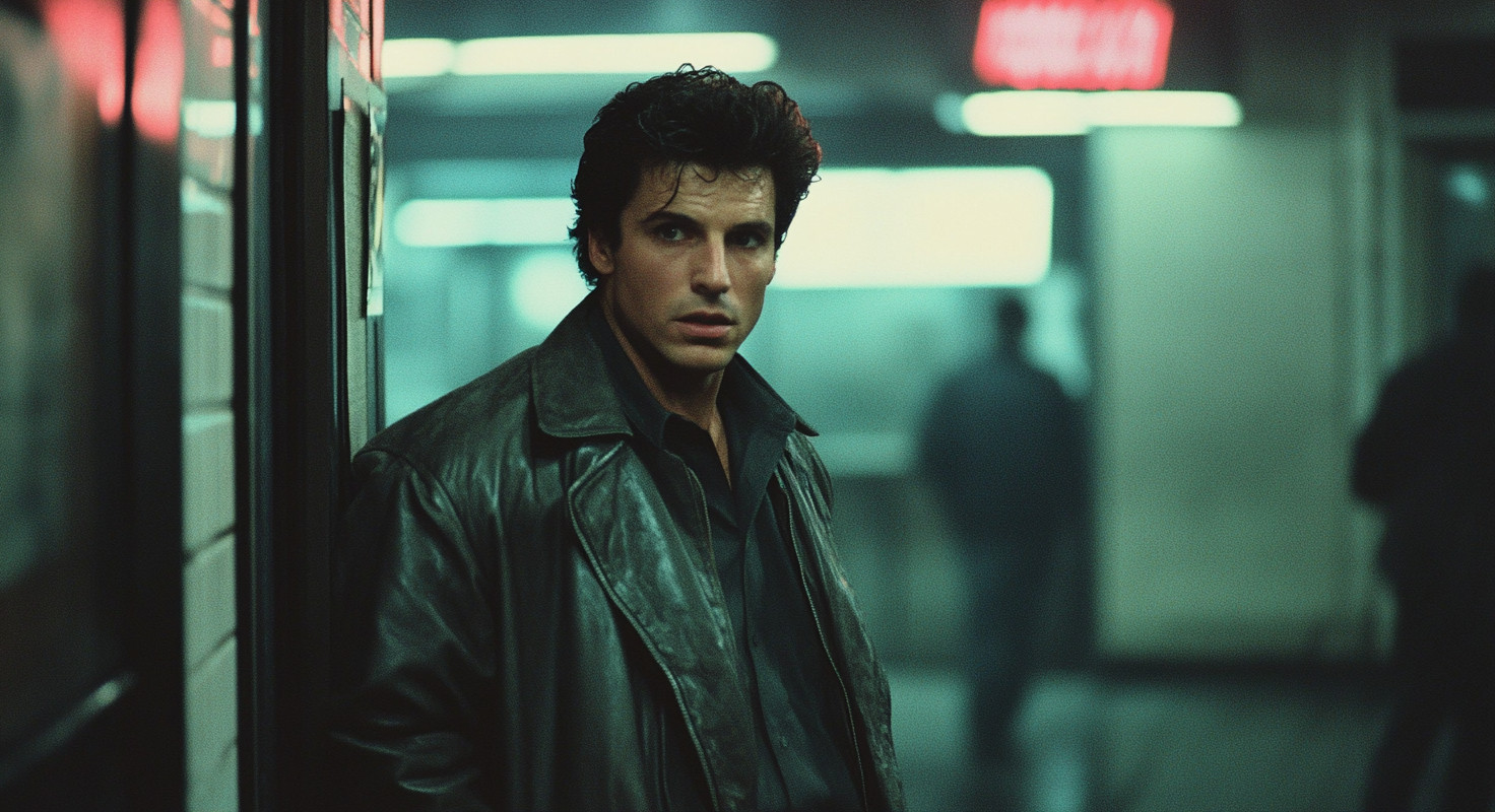 Man in a dark leather jacket in a dimly lit subway station.