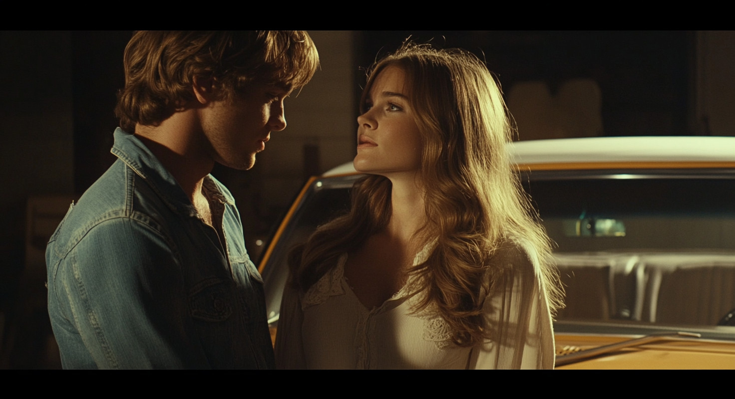 A young man in a denim jacket and a woman in a white blouse stand near a vintage yellow car, looking at each other.