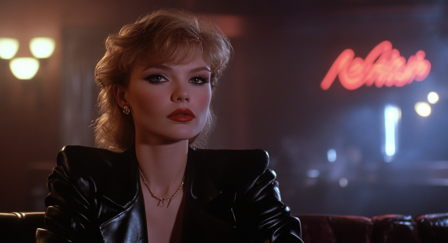 A woman with blonde hair in a leather jacket sits in a dimly lit room with a blurred neon sign behind her.