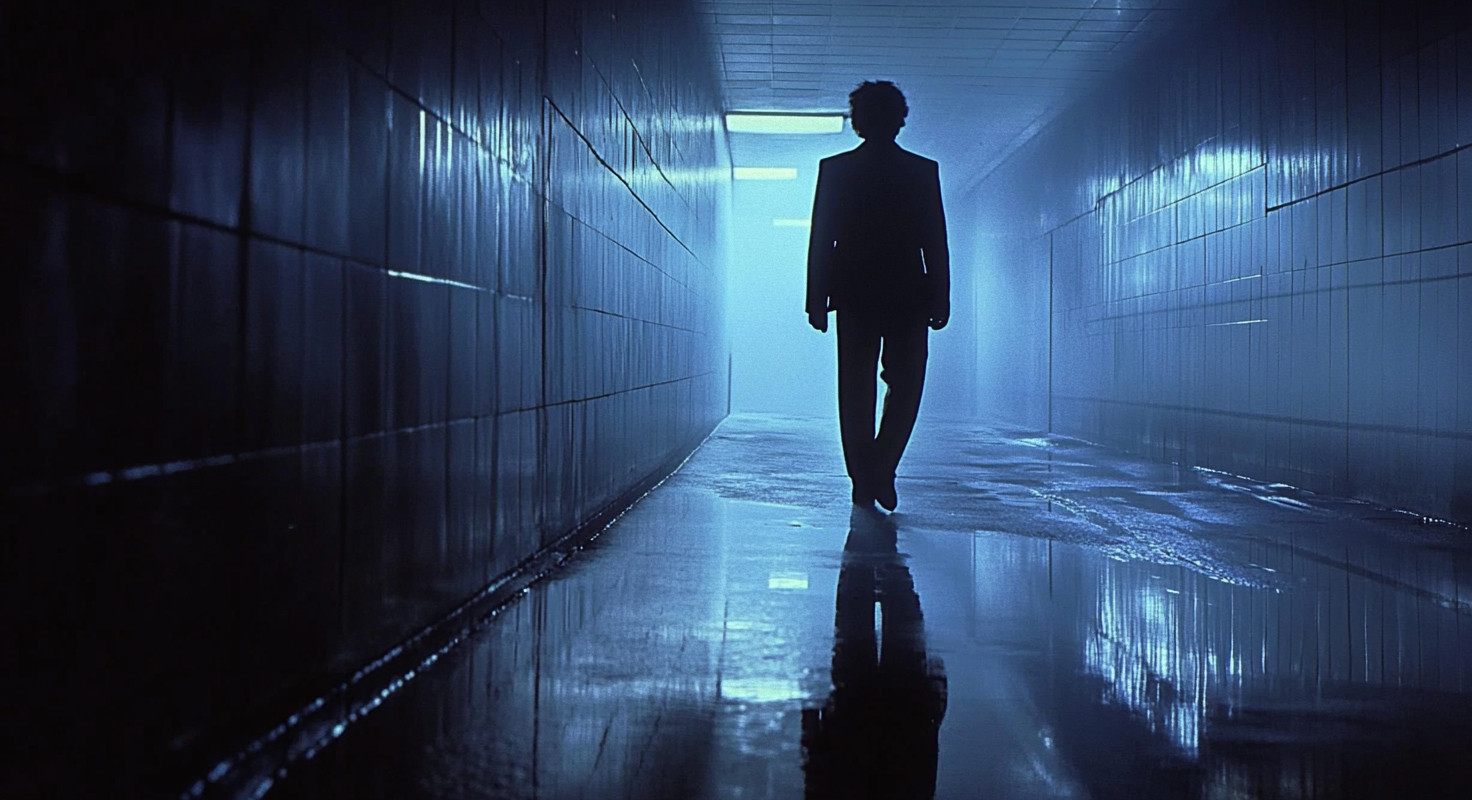 Silhouette of a person walking down a dimly lit, blue-tinted hallway with reflective tiles.