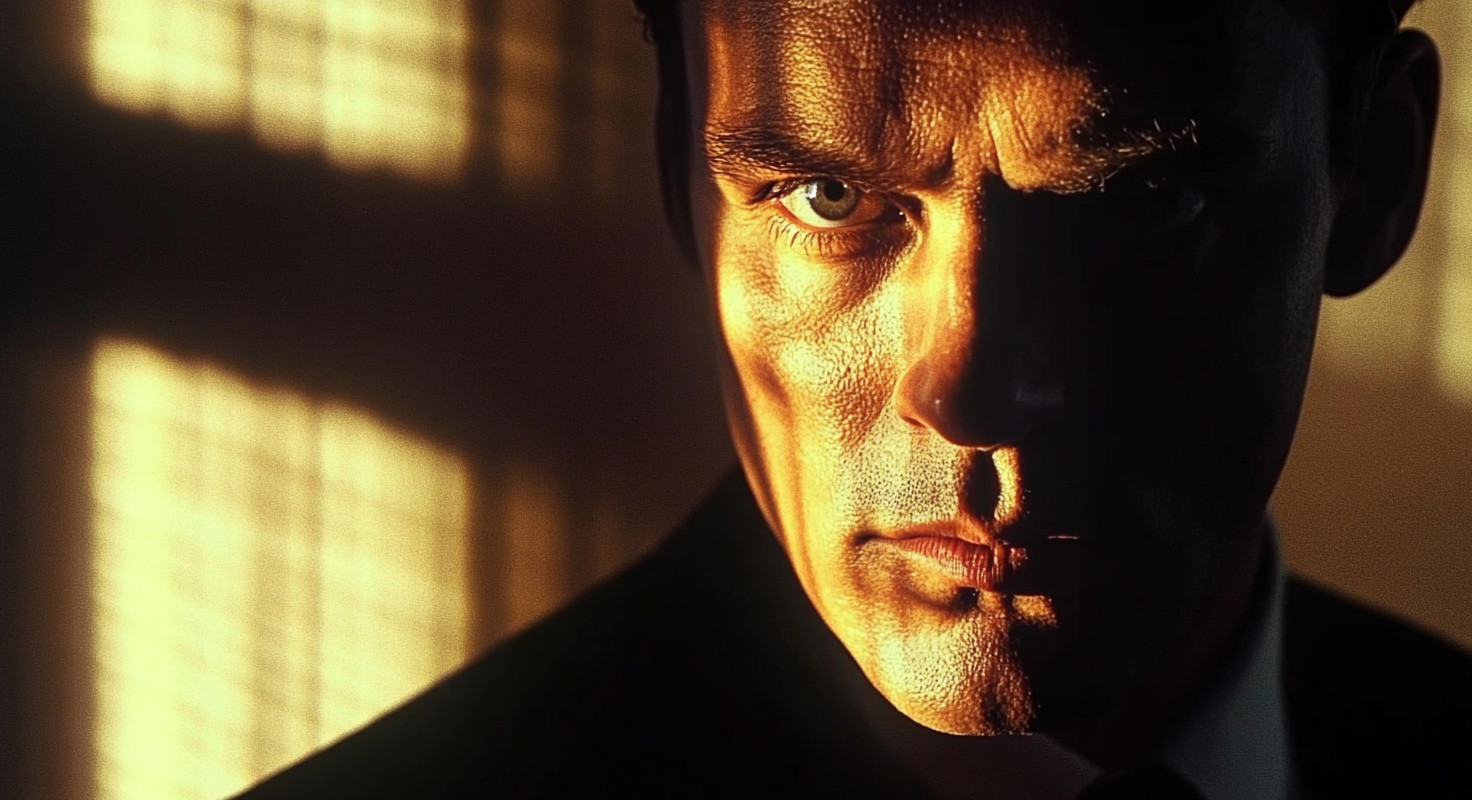 Close-up of a man's face with dramatic lighting, highlighting one eye and casting shadows.