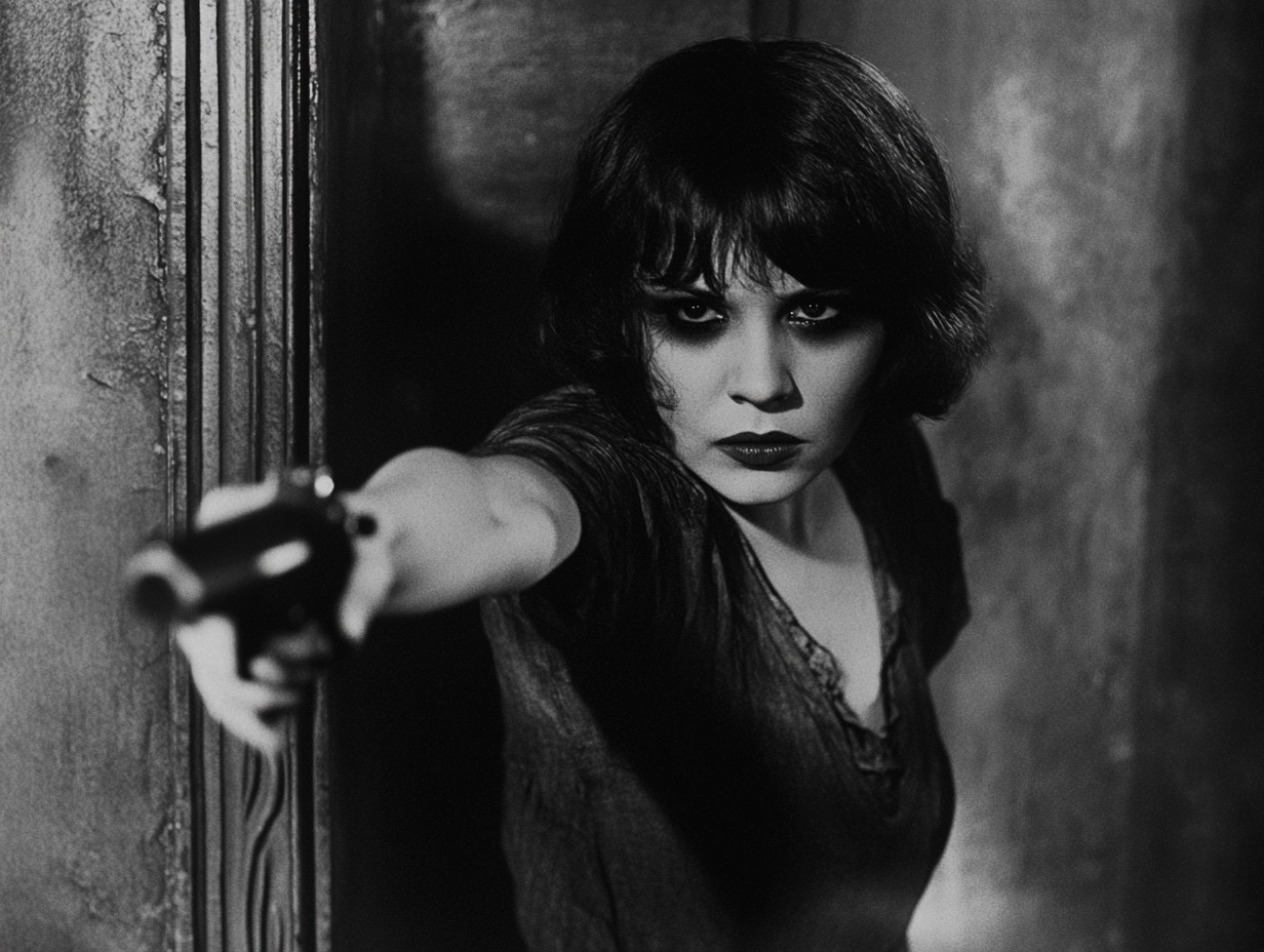 Woman with dark hair holding a gun, pointing it towards the camera in a dramatic black-and-white scene.