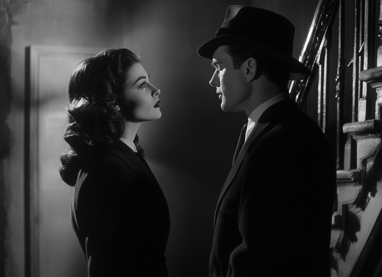 Black-and-white image of a man and woman facing each other in profile, with dramatic lighting and shadows.