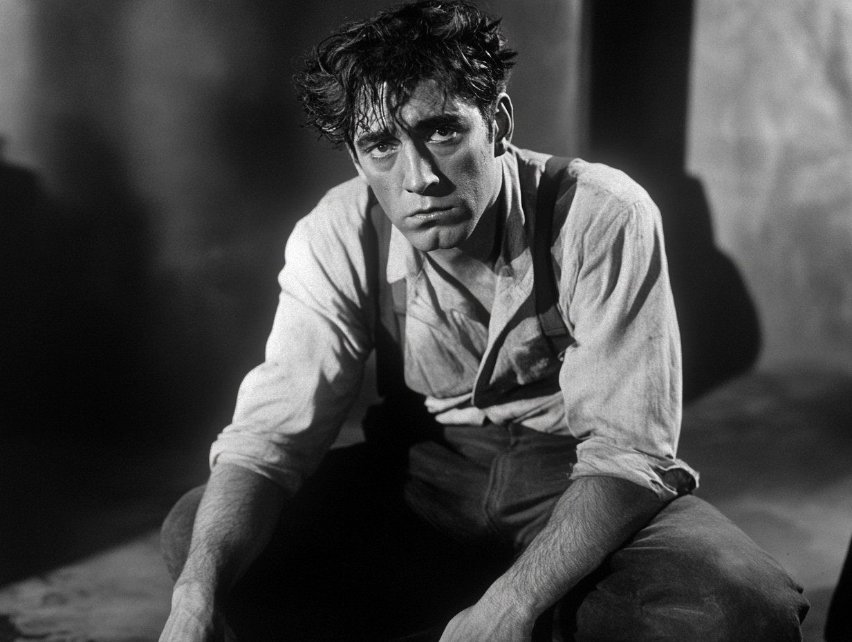 A black and white photo of a man sitting on the ground, looking somber.