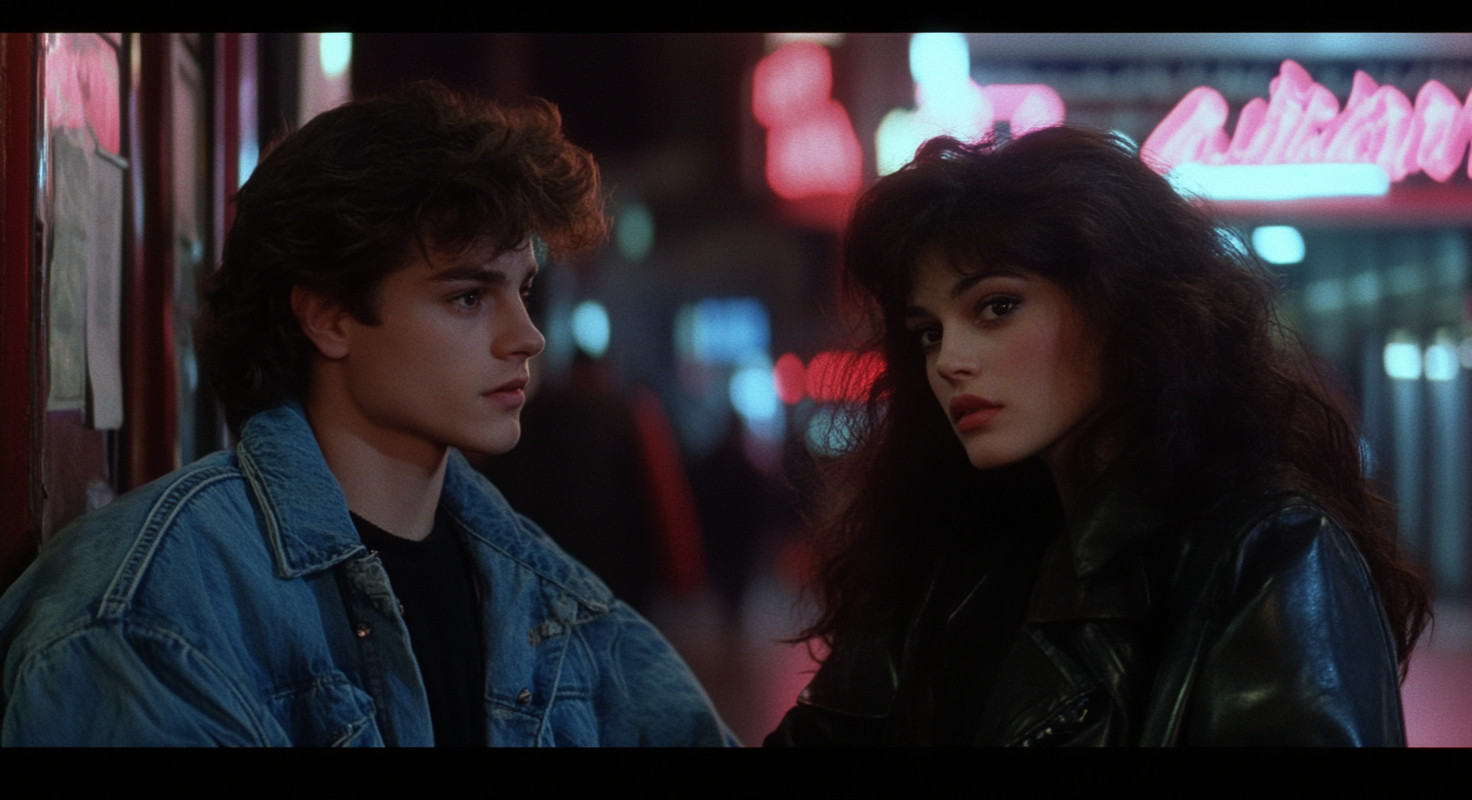 A young man in a denim jacket and a woman in a leather jacket in front of neon lights at night.