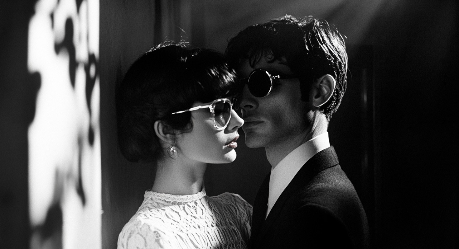 A black-and-white photo of a woman and man in sunglasses, standing closely with dramatic shadow patterns.