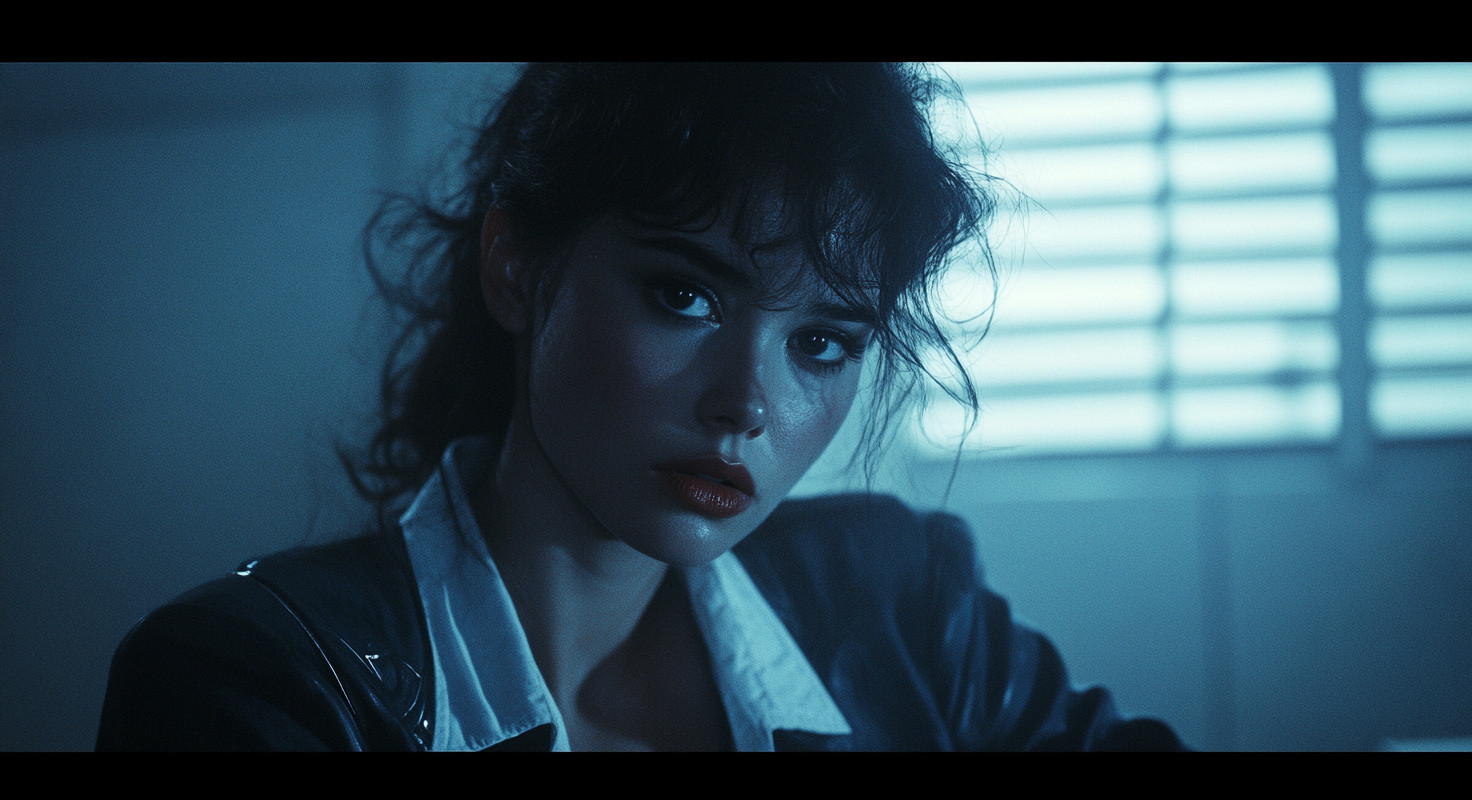 Close-up of a woman in blue lighting with dark wavy hair and a white collared shirt, looking intensely at the camera.