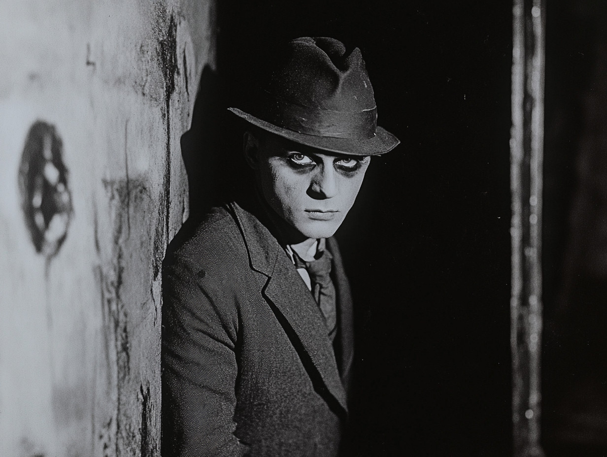 A person with dark eye makeup in a suit and fedora against a textured wall, in a black-and-white image.