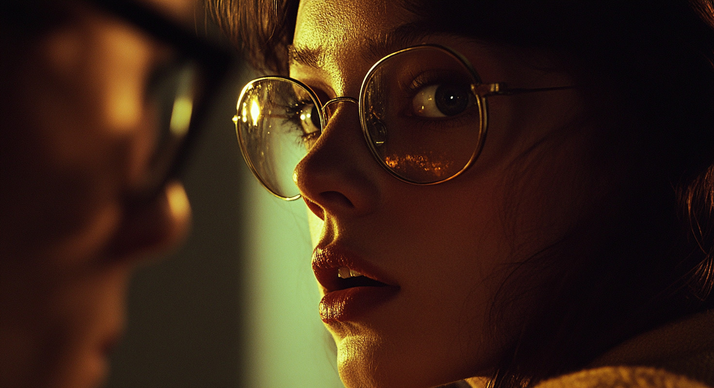 Close-up of a woman in glasses with a warm light reflection on lenses.  A blurred profile of another person close by can be seen on the left.