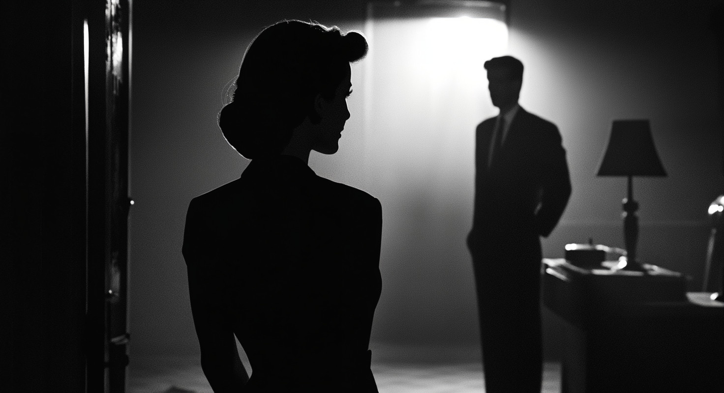 Silhouetted figures in a dimly lit room, with a woman in the foreground and a man in the background.