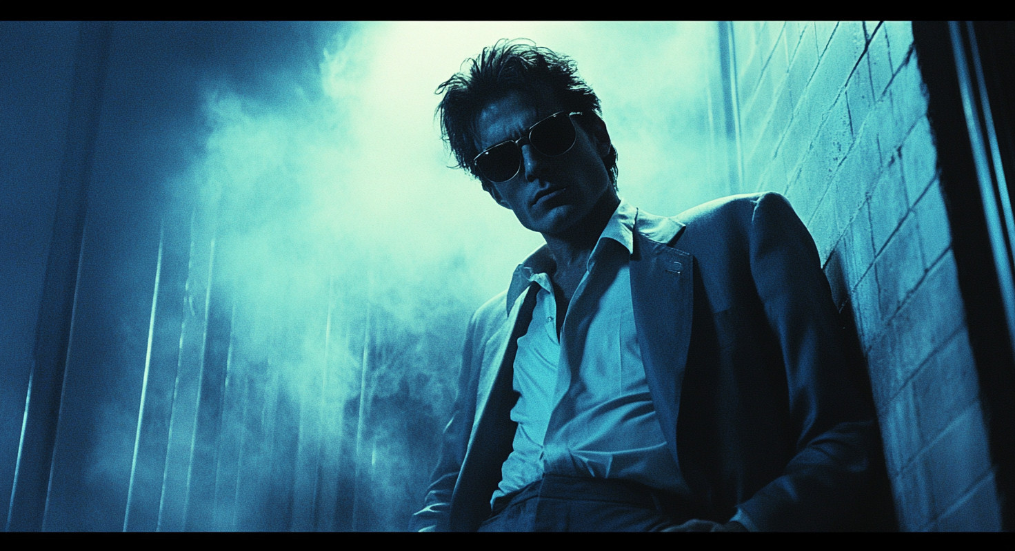 Person in a suit and sunglasses stands against a misty, blue-lit wall.