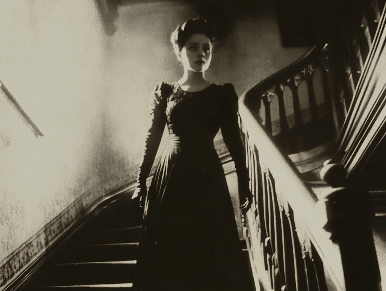 Woman in a dark dress stands on a staircase with an ornate wooden banister in a black-and-white image.