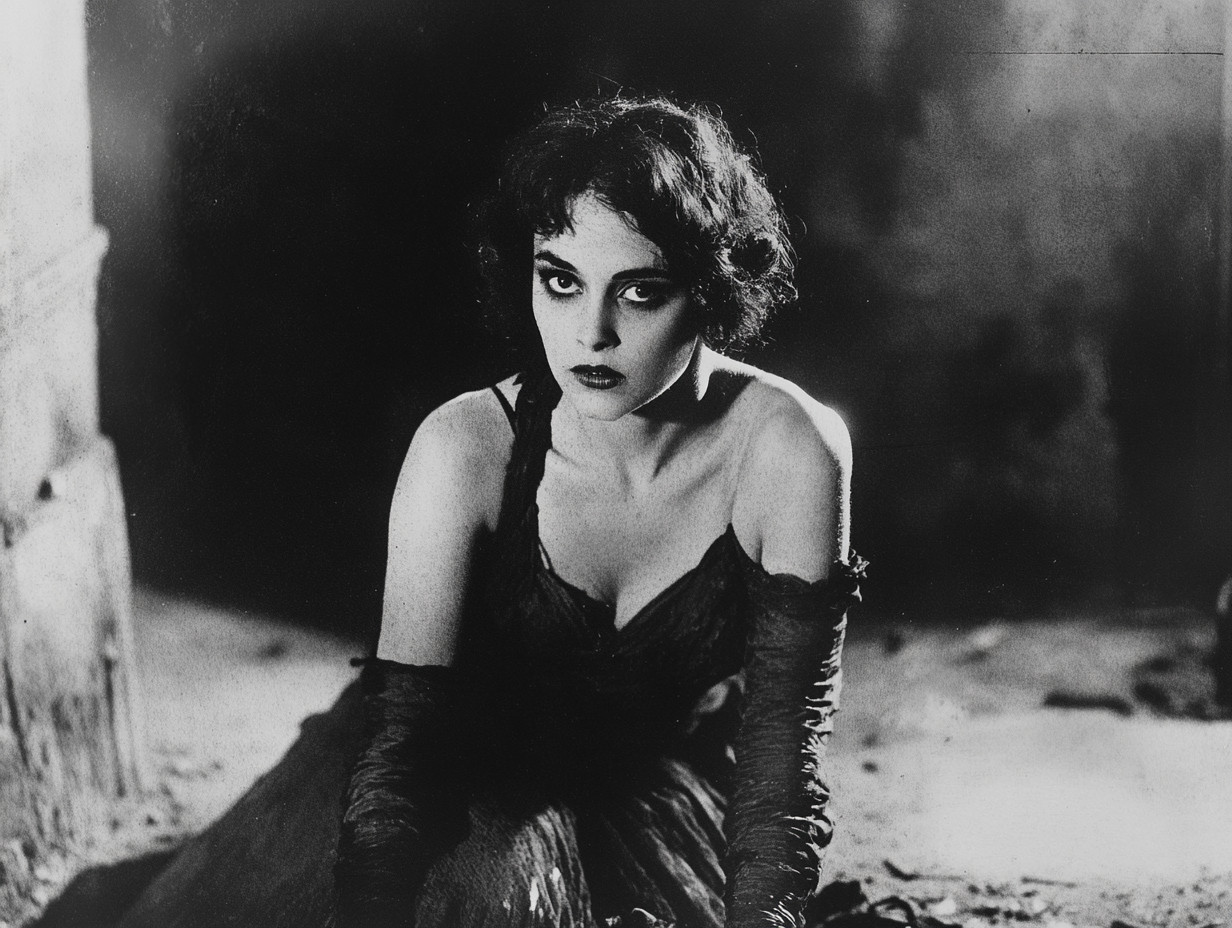 Black-and-white photo of a woman with short hair and intense gaze in a dark, off-the-shoulder dress.