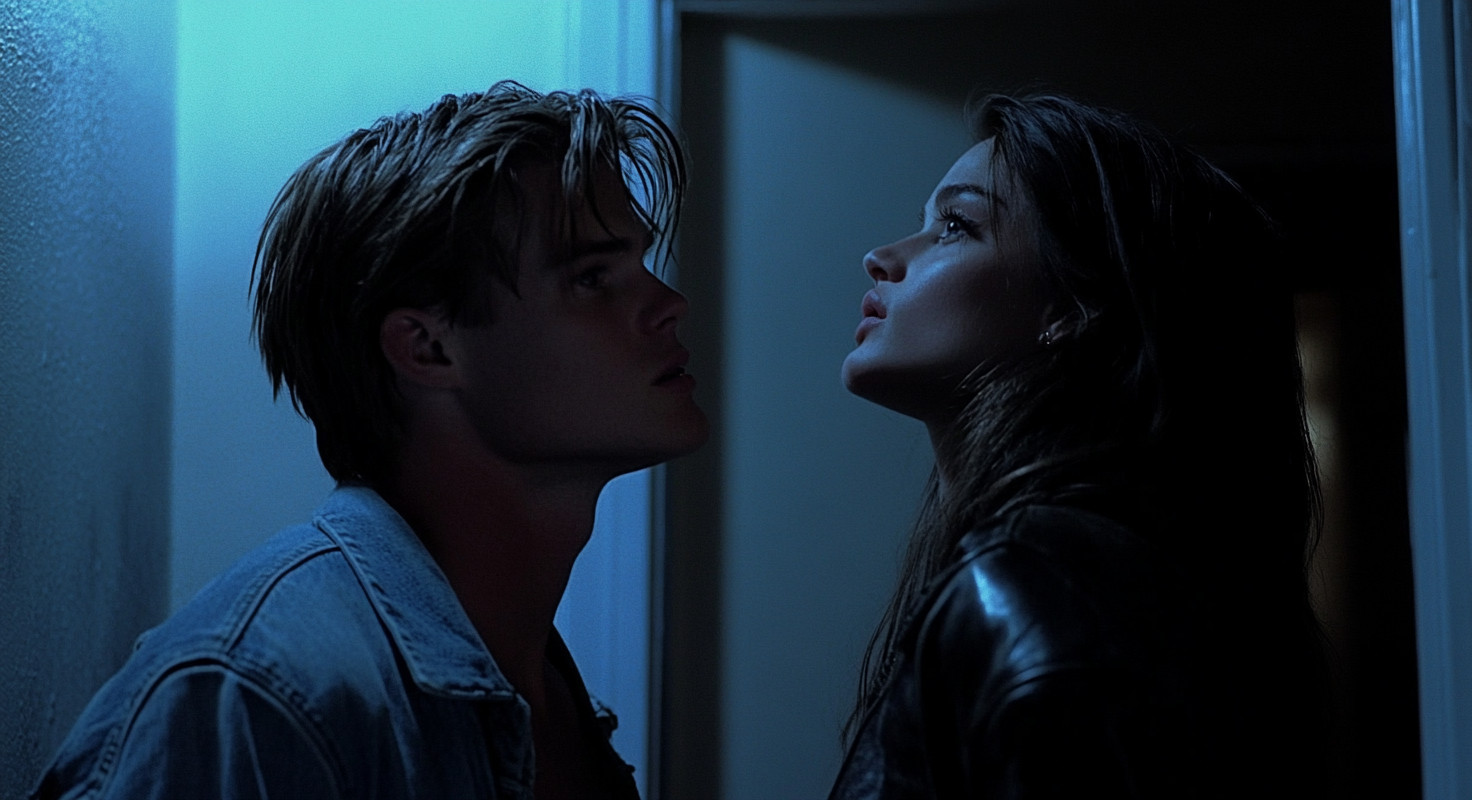 Two people in blue light, wearing denim and leather jackets, look intently at each other in a dimly lit doorway.