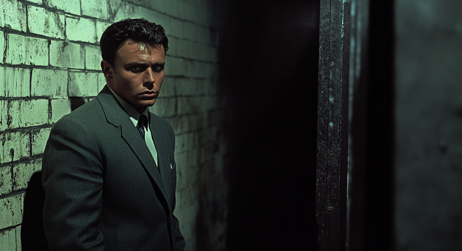 Man in a gray suit stands in a dim corridor with brick walls and an open metal door.