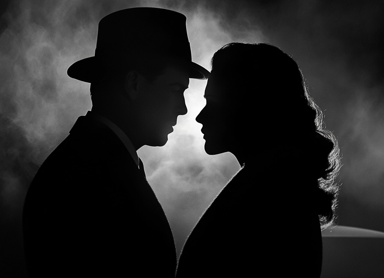 Silhouette of a man and woman facing each other with a foggy background in black and white.