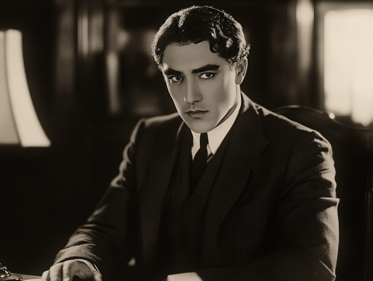 Black and white photo of a man in a suit sitting at a desk, looking directly at the camera.