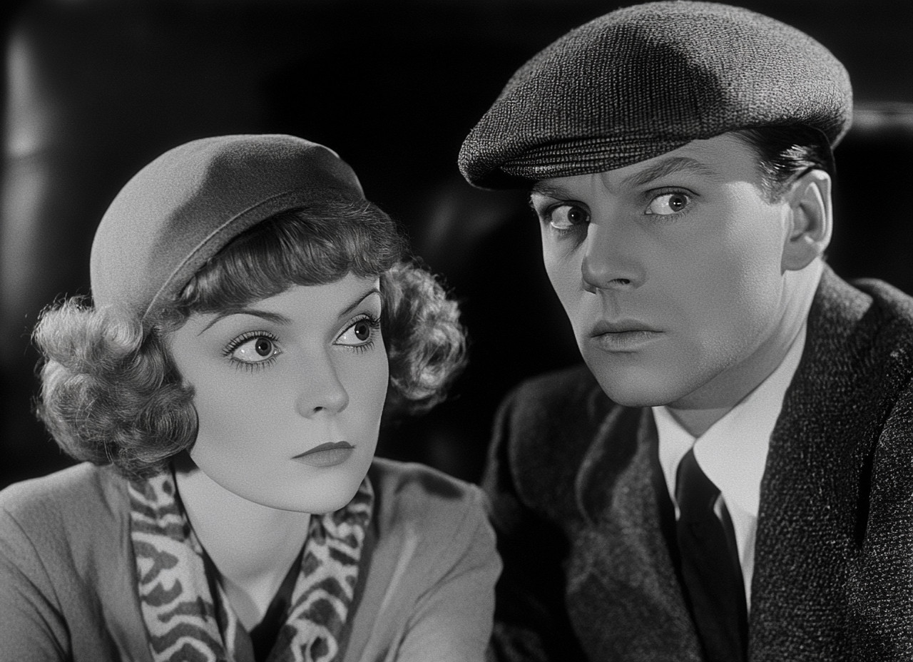 Black-and-white close-up photo of a woman in a hat and a man in a flat cap, both looking to the right with serious expressions.