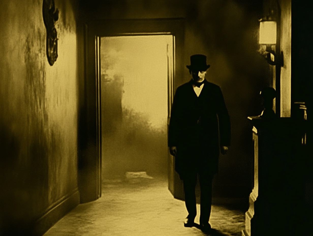 A man in formal black attire and a top hat walks through a dimly lit, hazy hallway, in front of a bright doorway.