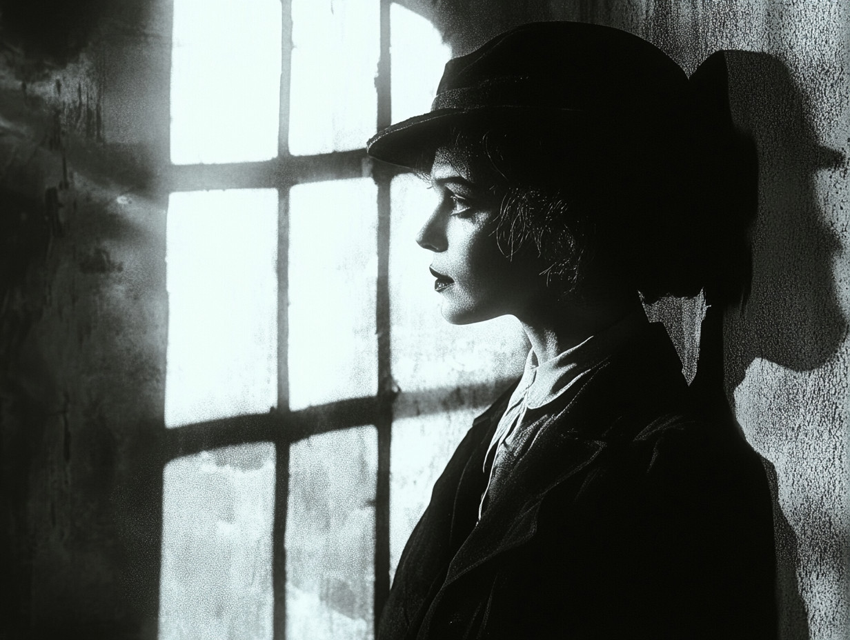 Black and white image of a woman in profile, wearing a hat, standing against a wall with light streaming through a window.