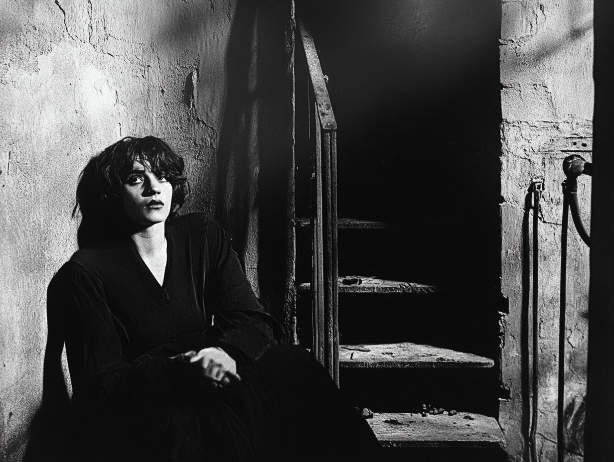 Black and white photo of a person sitting by a worn staircase in a shadowy, textured interior.