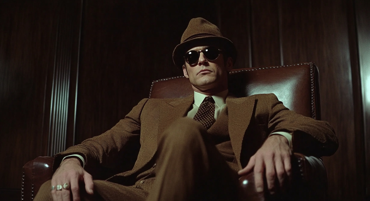 Man in a brown suit and hat sitting in a leather chair, wearing sunglasses.