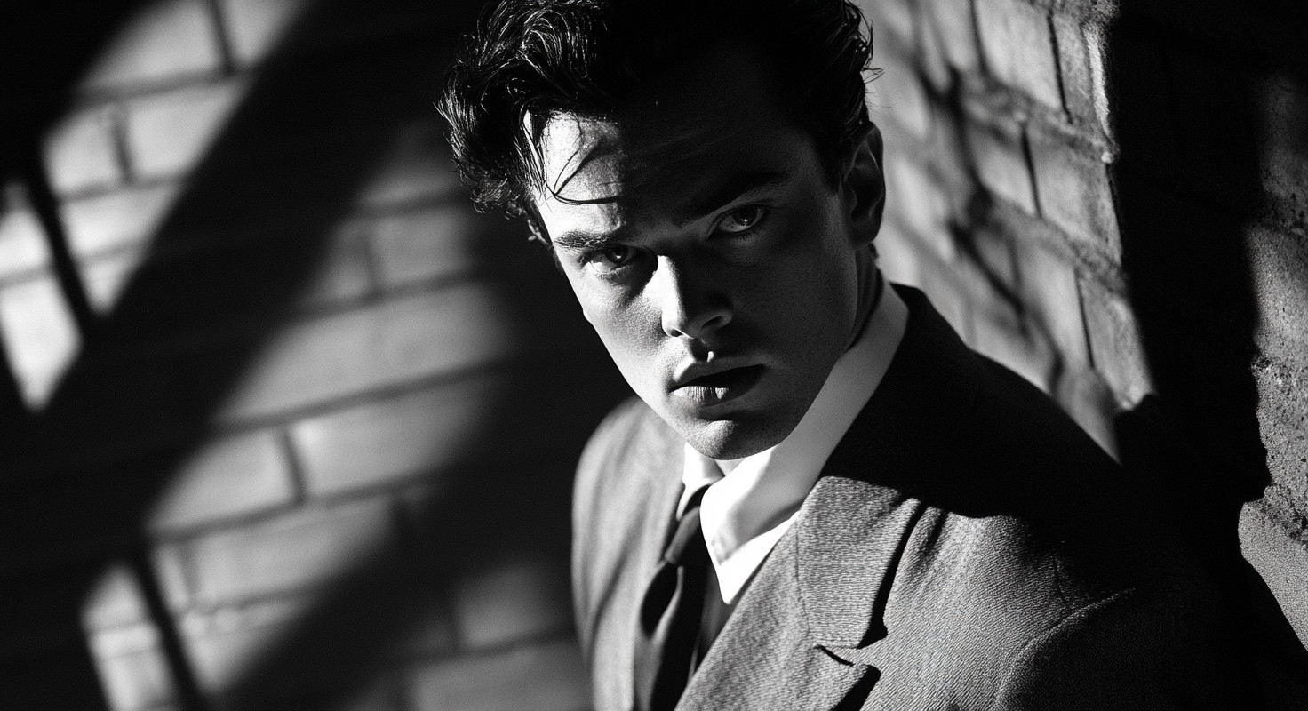 Black and white portrait of a man in a suit against a brick wall, with dramatic shadows.