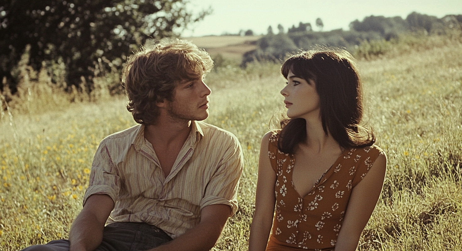 Two people sitting in a meadow, looking at each other.