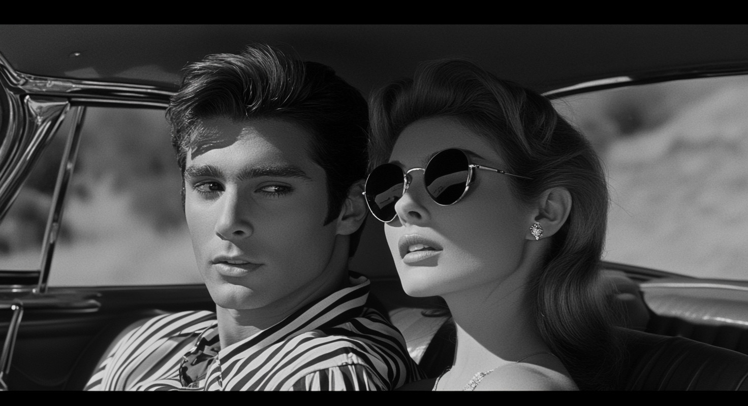 Two people in a vintage car, one wearing a striped shirt, the other with sunglasses and earrings, in black and white.